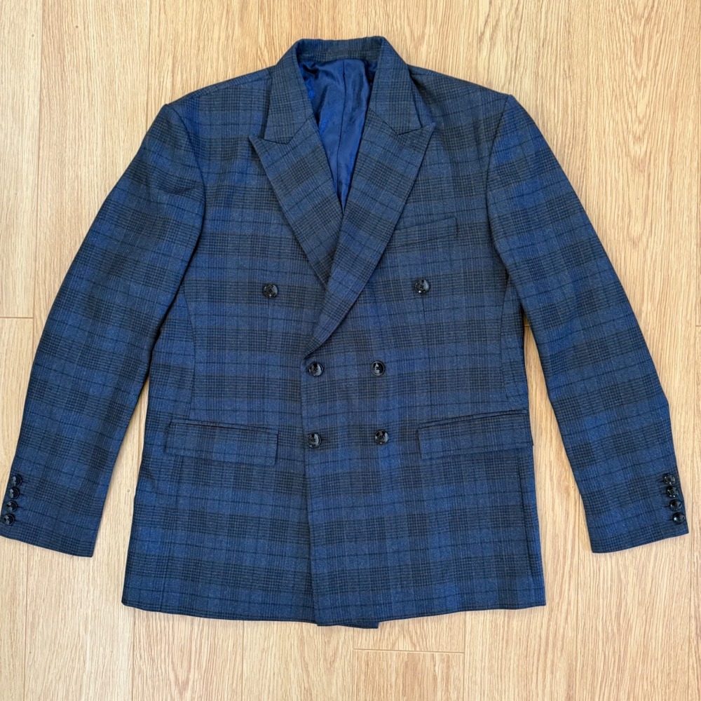 French Crown Suit Mens 42 34x31.5 Gray Blue Plaid Double Breasted AMAZING Wool - Picture 3 of 16